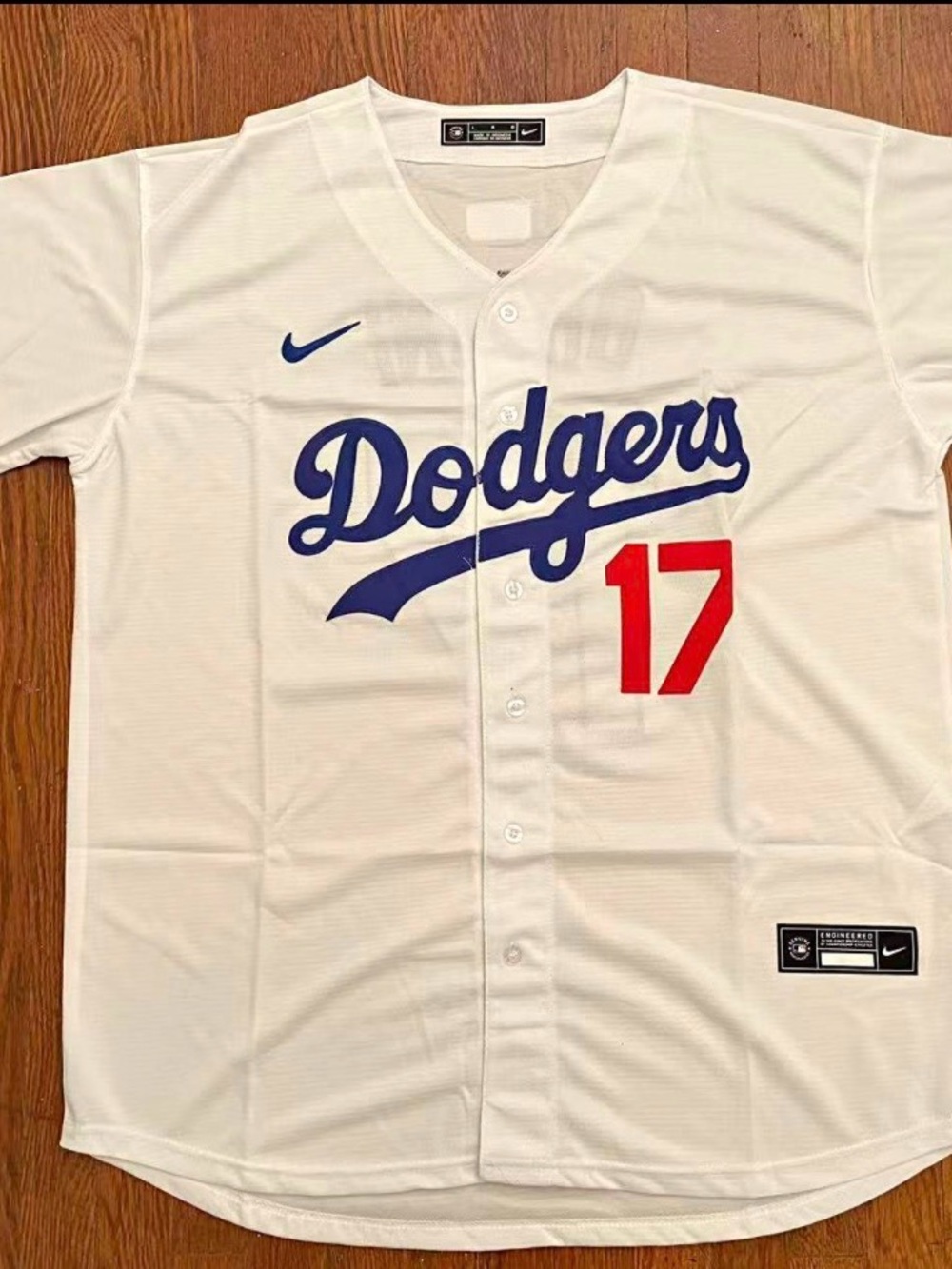 Nike Dodgers White Jersey with Blue Script and Red Number 17